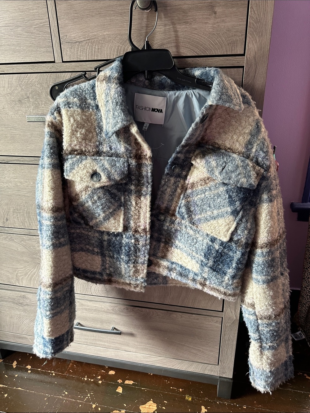 Fashion Nova Blue & Cream Plaid Bouclé Cropped Jacket